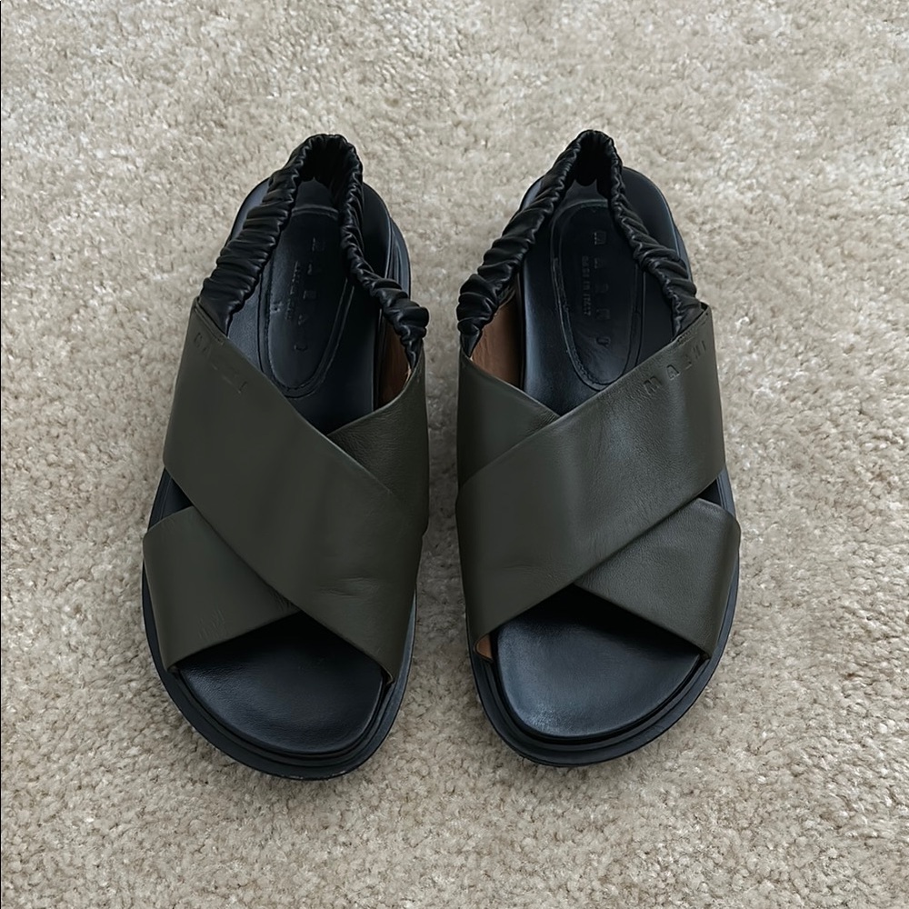 Marni Fussbett Olive Green Cross Strap Sandals